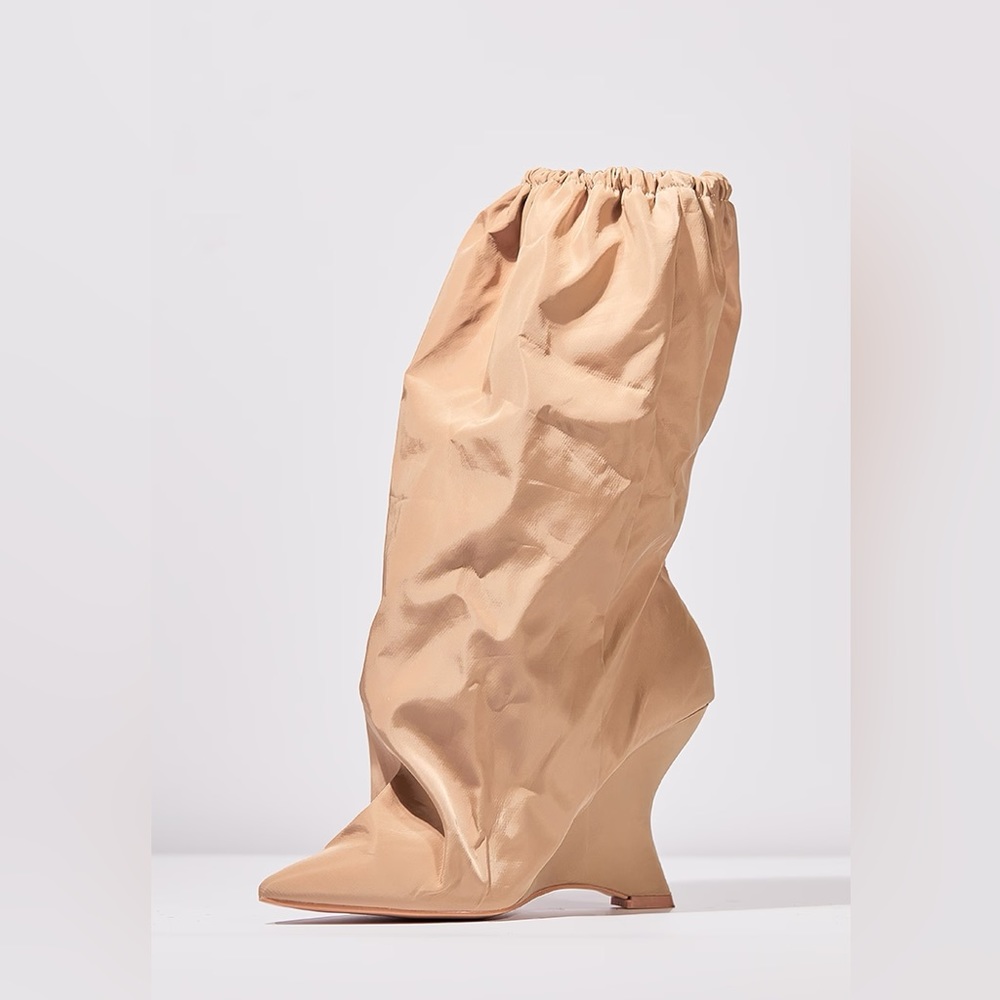Pretty Little Thing Camel Nylon Elasticated Pointed Clipped Wedge Heeled Boots
